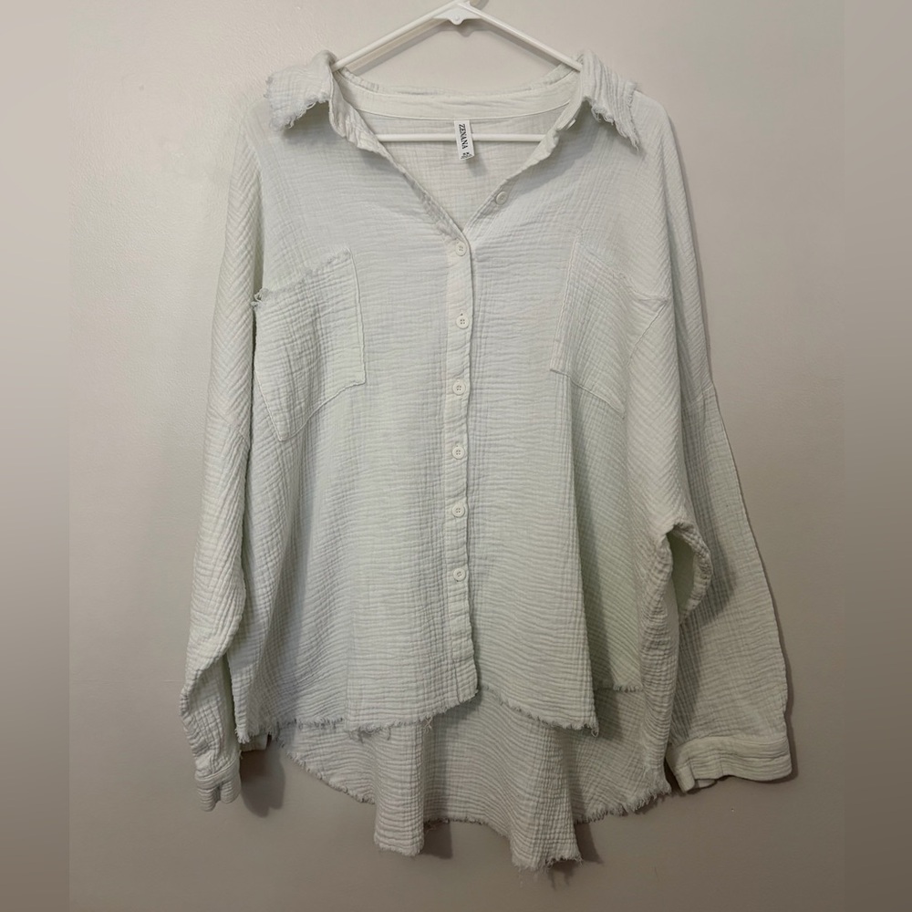 100% Cotton Zenana Double Gauze Oversized Raw Edge Boho Coastal Shirt